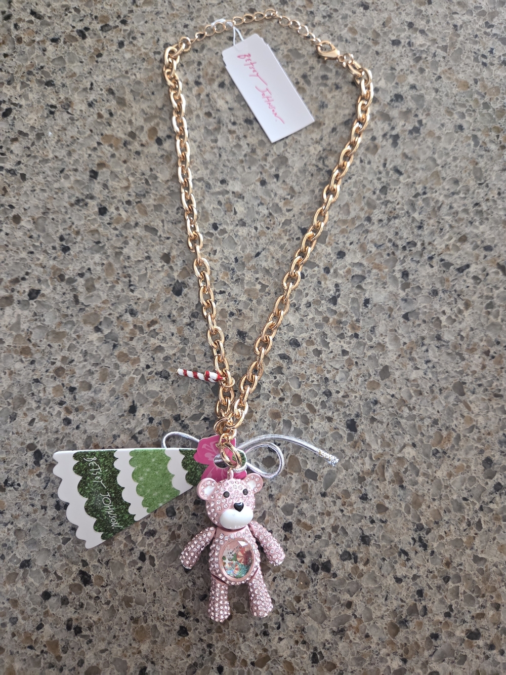 Betsey Johnson Pink Crystal Bear Pendant Necklace